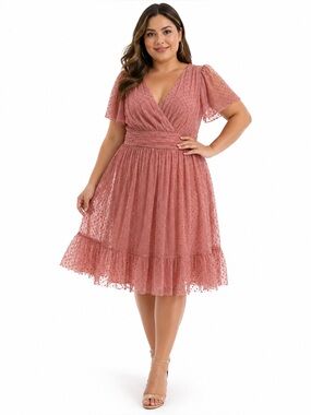Gal Meets Glam Collection Swiss Dot Midi Dusty Rose Pleated V-Neck Dress SZ 12